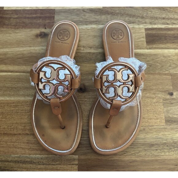 Tory Burch Miller Sandals Tan Leather Logo Women’s 8.5 Resort Beach Pool FLAWS - Picture 2 of 16